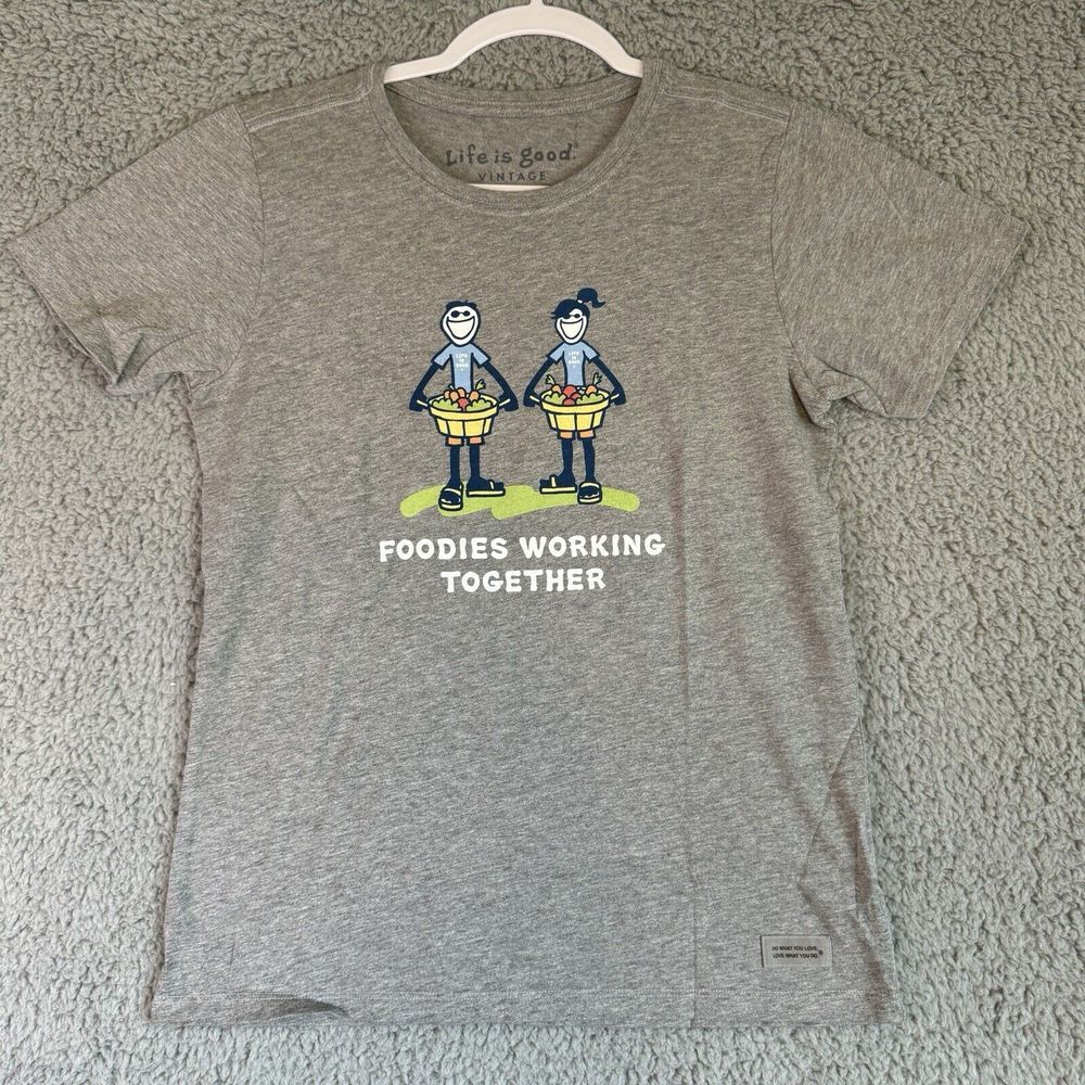 Life Is Good Womens Foodies Working Together Short Sleeve T-Shirt Grey Small NWT